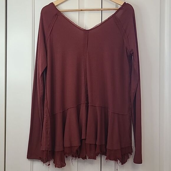 We The Free Distressed Tunic Tee Ribbed Baby Doll Hippie Cranberry Red Size M - Picture 7 of 13